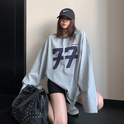 【トップス】ヴィンテージ数字刺繍ロンT レディース ウォッシュ加工 配色 オーバーサイズ 長袖Tシャツ【FCシリーズ】