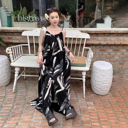 【ボトムス】夏新作 レトロ感漂う オーバーサイズ アートプリント キャミサロペット オールインワン【SHシリーズ】