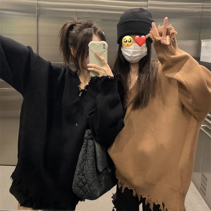 【トップス】ふんわり柔らか♪ 韓国風 ルーズ ニットセーター レディース 秋冬 ゆったりVネック プルオーバー【JZシリーズ】