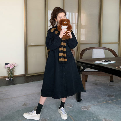 【ワンピース】ヴィンテージ風 ストライプショールワンピース 春秋 Aライン ゆったり 韓国風 長袖ワンピース【JZシリーズ】