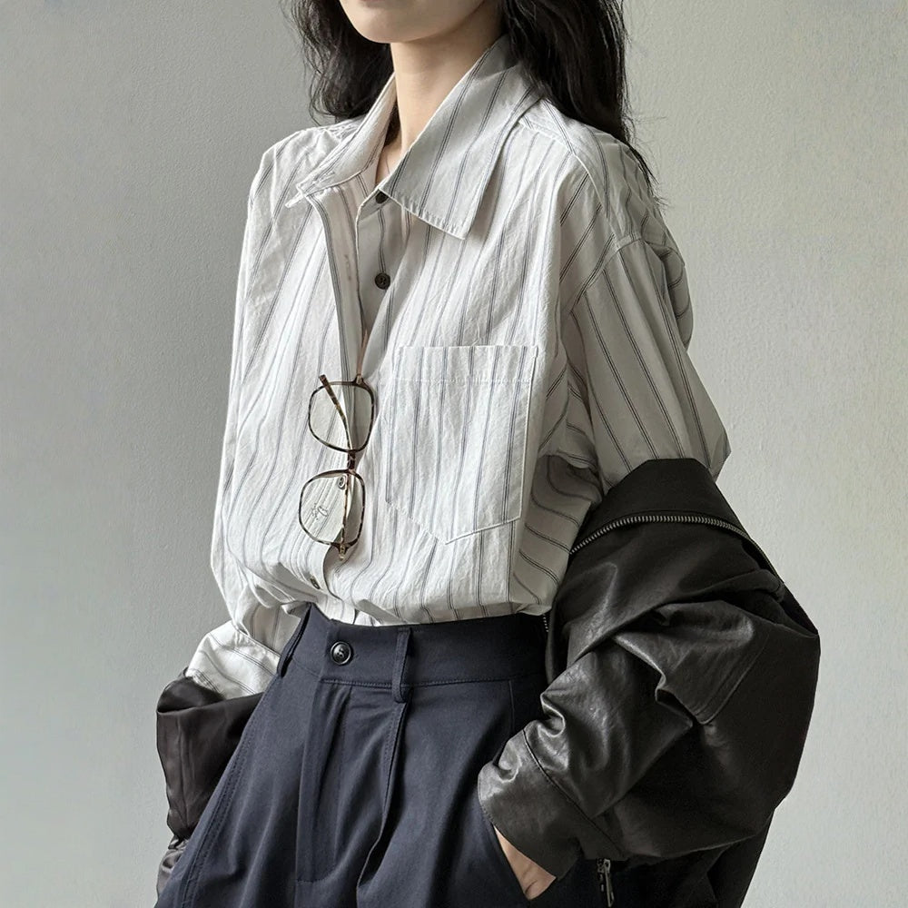 【トップス】春 秋 夏 冬 ストライプ柄 立襟 長袖 シャツ 【JZシリーズ】