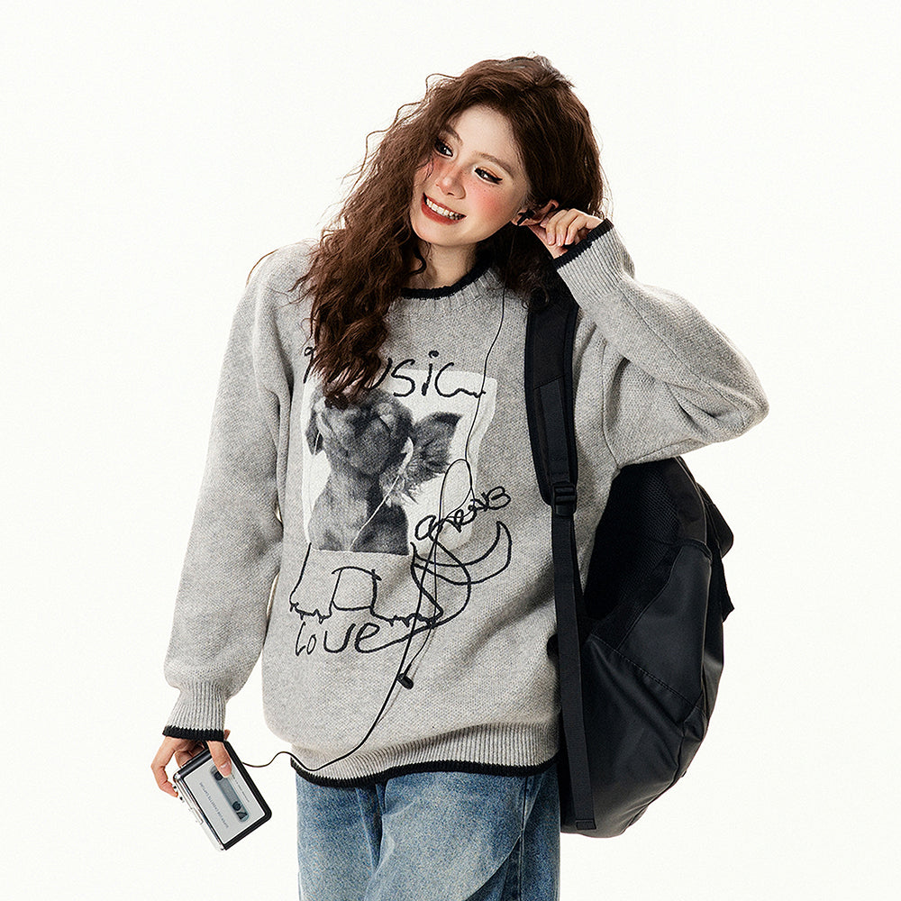 【トップス】レトロ デザイン 小犬柄 クルーネック ニット レディース ゆったり ルーズ 着回し セーター【FCシリーズ】