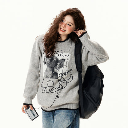 【トップス】レトロ デザイン 小犬柄 クルーネック ニット レディース ゆったり ルーズ 着回し セーター【FCシリーズ】