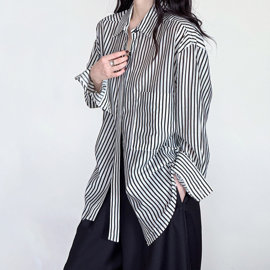 【トップス】初秋新作 定番 ストライプ シャツ 長袖 ゆったり 細見え効果抜群【JZシリーズ】