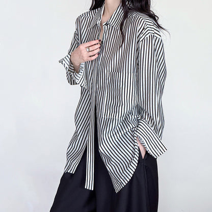 【トップス】初秋新作 定番 ストライプ シャツ 長袖 ゆったり 細見え効果抜群【JZシリーズ】