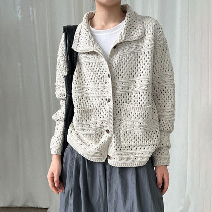 【アウター】レトロクロシェ風透かし編みニットカーディガン｜折り襟×長袖の大人可愛い【JZシリーズ】