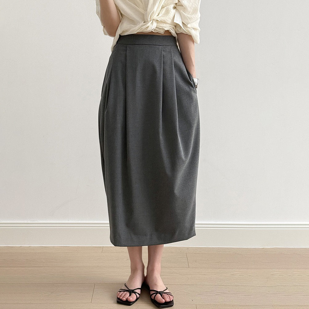 【ボトムス】ハイウエスト スリット入りスカート レディース 立体ギャザー 着回し細見えミモレ丈【JZシリーズ】