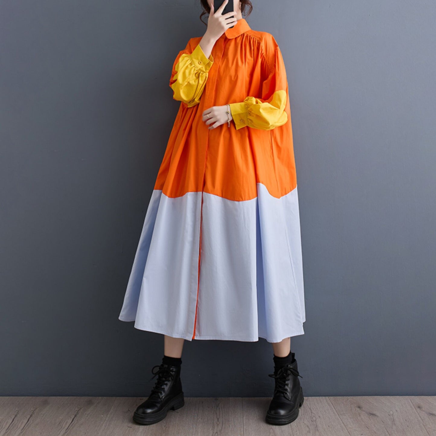 60%OFF⭐️期間限定【ワンピース】韓国風 カジュアル 配色 ランタンスリーブ ゆったり ミディ 春夏新作  長袖 シャツワンピース【JZシリーズ】