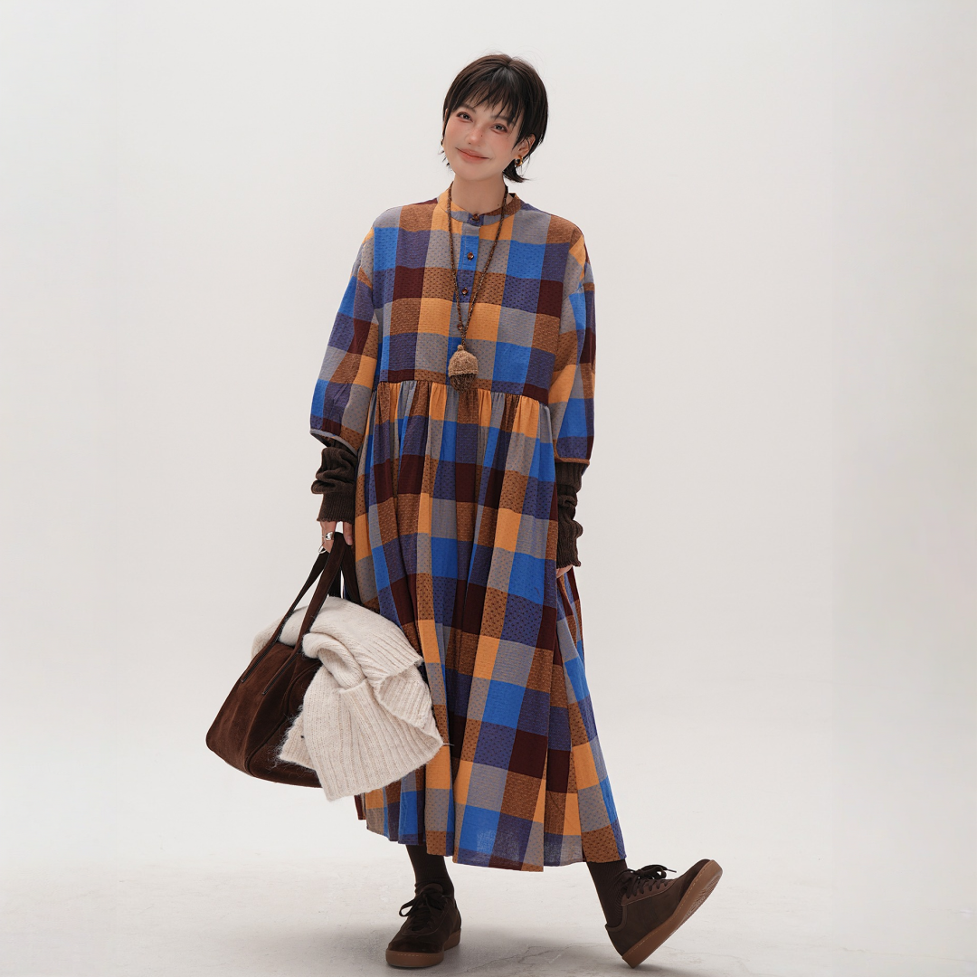 【ワンピース】春 秋 冬 レトロ風 ゆったりチェック柄 ロング ワンピース ワンピース 【JZシリーズ】