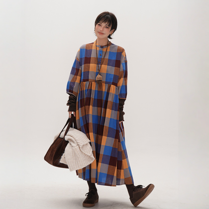 【ワンピース】春 秋 冬 レトロ風 ゆったりチェック柄 ロング ワンピース ワンピース 【JZシリーズ】