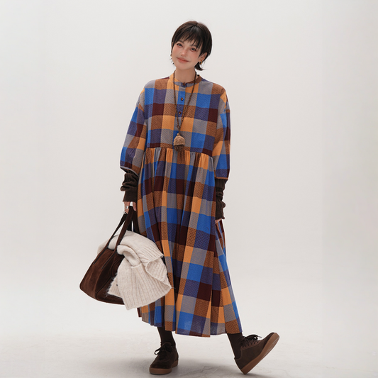 【ワンピース】春 秋 冬 レトロ風 ゆったりチェック柄 ロング ワンピース ワンピース 【JZシリーズ】