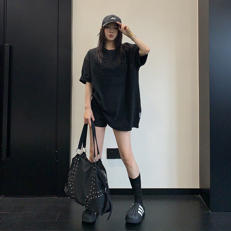 【トップス】ウォッシュ加工 ワッペン刺繍Tシャツ レディース 夏 ルーズ 半袖 ストリート【FCシリーズ】
