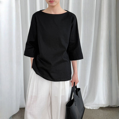 【トップス】夏 オフショルダー 七分袖 綿麻 シャツ  【SNシリーズ】