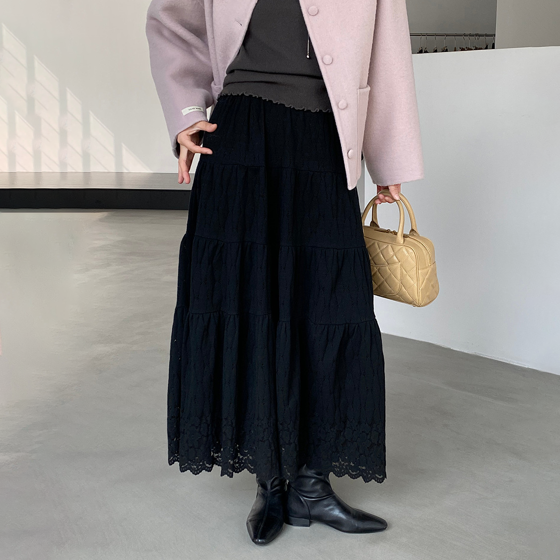 【ボトムス】厚手レース ハイウエストAラインロングスカート ❄️秋冬【JZシリーズ】
