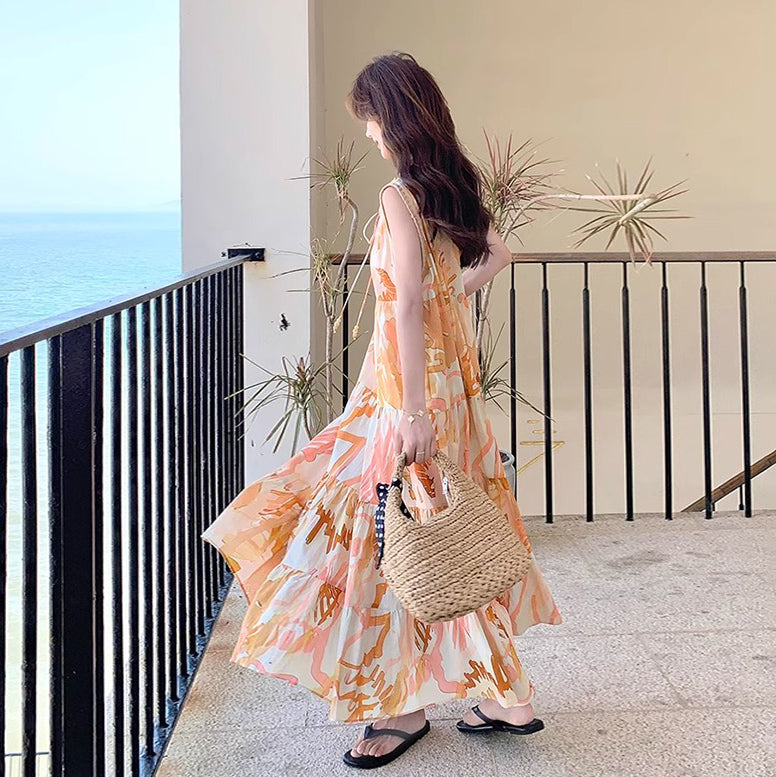 【ワンピース】高級感あふれるロマンティックリゾート風 シフォン花柄ノースリーブワンピース【SHシリーズ】