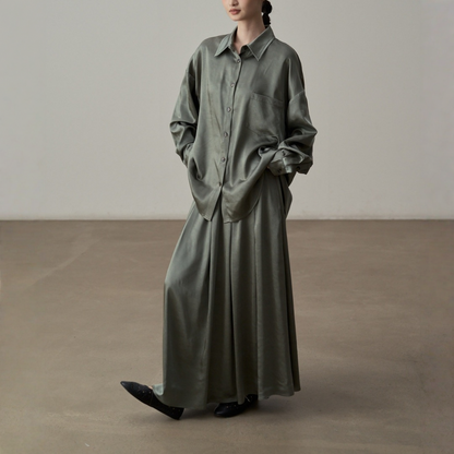 【セットアップ】【単品注文】サテン ゆったり シャツ + フレアプリーツスカート 2点上下セット 【JZシリーズ】