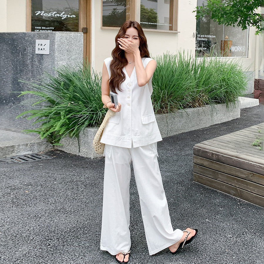 2点セット！【セットアップ】夏 通勤 レース切替 バックレス ベスト＋ワイドパンツ 上下セット【JZシリーズ】【SNシリーズ】