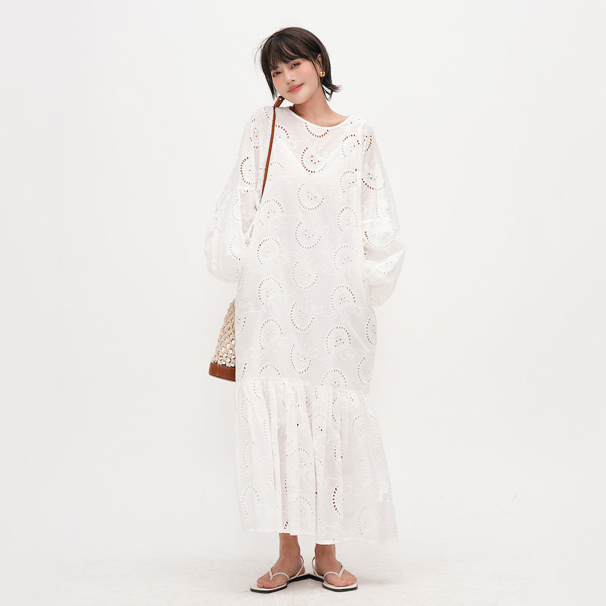 【ワンピース】ラウンドネック 長袖ワンピース レディース ゆったりスリム見え 刺繍入り フィッシュテール ロングドレス 上品なティータイムスタイル【JZシリーズ】