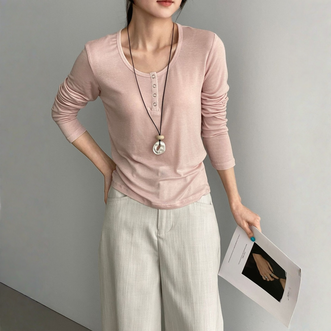 【トップス】テンセル ヘンリーネック ボタン付き 長袖Tシャツ 【JZシリーズ】