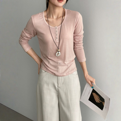 【トップス】テンセル ヘンリーネック ボタン付き 長袖Tシャツ 【JZシリーズ】