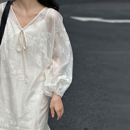 2点セット！【セットアップ】高級刺繍 チュールワンピース＋Vネック キャミワンピースセット 夏新作 バカンス風 ワンピース【JZシリーズ】