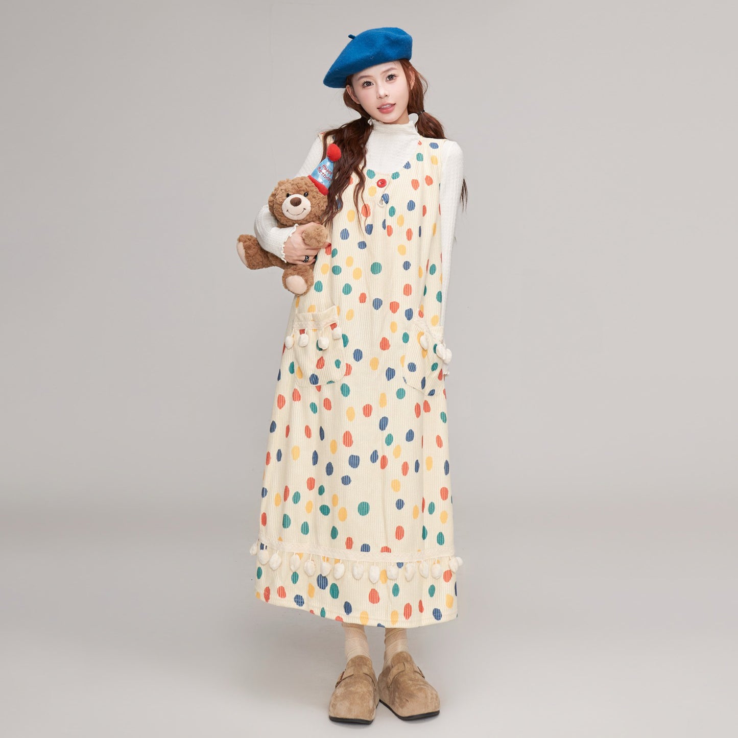 【ワンピース】秋冬 ゆったり可愛い ドット柄 サロペットワンピース レディース Aラインデザイン ノースリーブワンピース【JZシリーズ】【SHシリーズ】