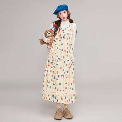 【ワンピース】秋冬 ゆったり可愛い ドット柄 サロペットワンピース レディース Aラインデザイン ノースリーブワンピース【JZシリーズ】【SHシリーズ】