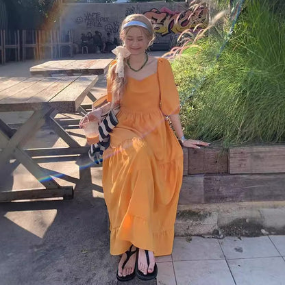 【ワンピース】韓国風 気質 美白効果 スタイルアップ 無地 半袖ワンピース 夏 スイートレディ風 リゾートコーデ