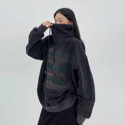 【トップス】レトロ風ダメージ加工 刺繍入りハイネック裏起毛スウェット レディース 冬新作 パーカー【FCシリーズ】