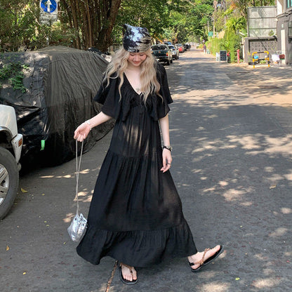 M~4XL【ワンピース】リゾートワンピース レディース 夏 ブルー ノースリーブ 配色Aライン ロングワンピース リラックスシルエット【JZシリーズ】