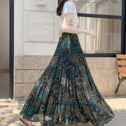 【ボトムス】ボヘミアン風 シフォンプリーツスカート レディース 夏 Aライン 体型カバー 旅行・リゾートにも最適【SHシリーズ】