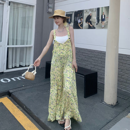 【ボトムス】夏新作 清涼感たっぷり  淡レモンカラー Vネック オーバーサイズサロペット オールインワン【SHシリーズ】