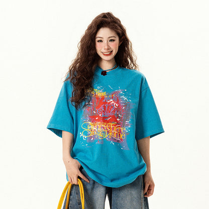 【トップス】レトロデザイン 落書き風 ブルー 半袖Tシャツ レディース 夏 ゆったり カジュアル【FCシリーズ】【15〜20日発送】