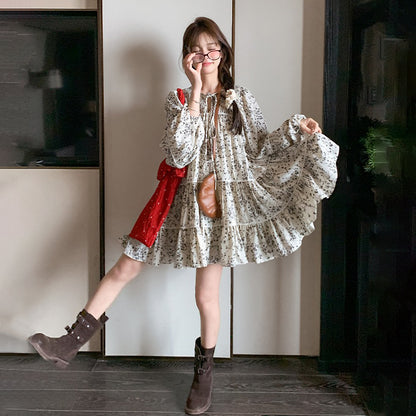 【ワンピース】フレンチ気質 花柄長袖ワンピース レディース 春秋 若見え 可愛い 清楚 ガーリースタイル【SHシリーズ】