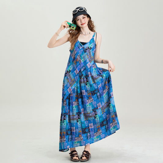 【ワンピース】ワンピース 夏 キャミワンピ 麻風 綿麻 Vネック アート柄 レトロ ブルー ロング丈 リゾート ノースリーブ 体型カバー ゆったり【SHシリーズ】
