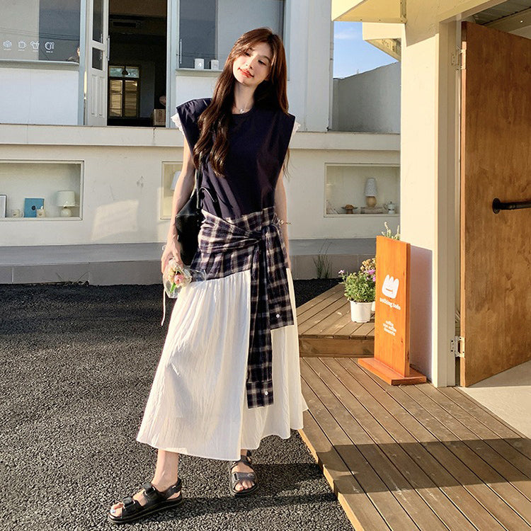 【ワンピース】夏 韓国風カジュアルな雰囲気コーデ チェック柄×レース切り替え ノースリーブワンピース【SHシリーズ】