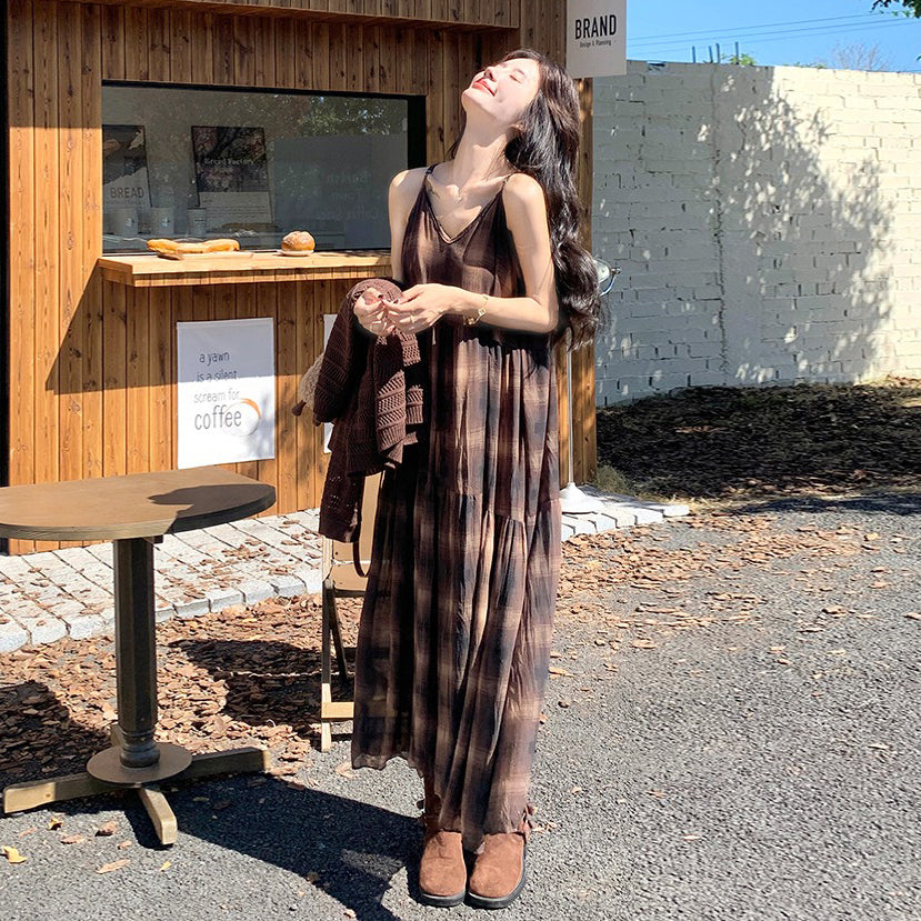 2点セット！【セットアップ】マラード風ゆる感ニット透かし編みカーディガン×チェック柄ノースリーブワンピースセット【SHシリーズ】