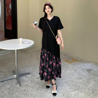【ワンピース】体型カバー力抜群✨ローズ花柄 ワンピース 半袖 ロング丈 切り替え ゆったり 大きいサイズ 夏ワンピ【SHシリーズ】