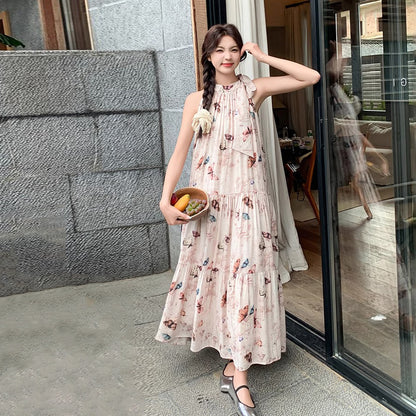 【ワンピース】夏 フレンチ温柔風 蝶柄 ノースリーブワンピース【SHシリーズ】