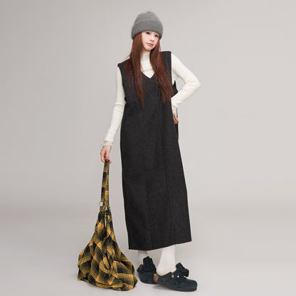 【ワンピース】ウール レディース 秋冬 ゆったりVネック 後ろスリット入り 体型カバー ノースリーブワンピース【JZシリーズ】