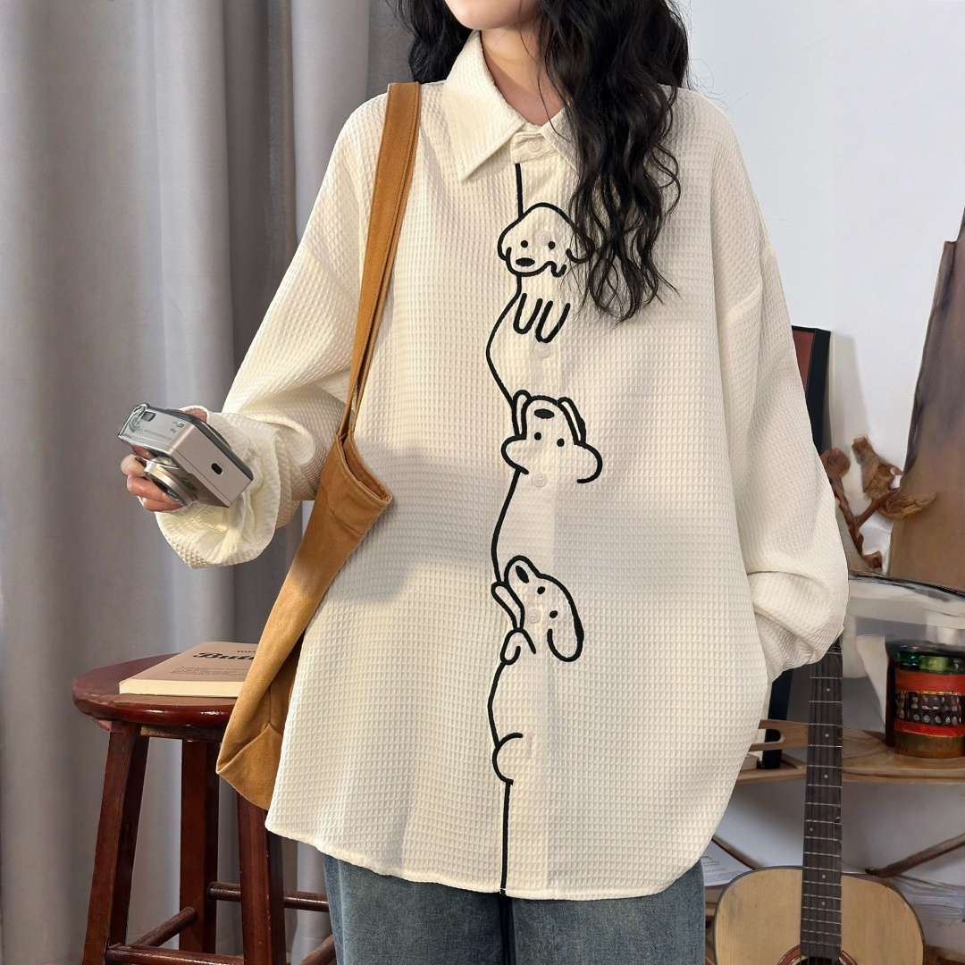 【🐶木登りわんちゃん】【トップス】 刺繍 ワッフル生地 男女兼用 長袖 シャツ 【FCシリーズ】