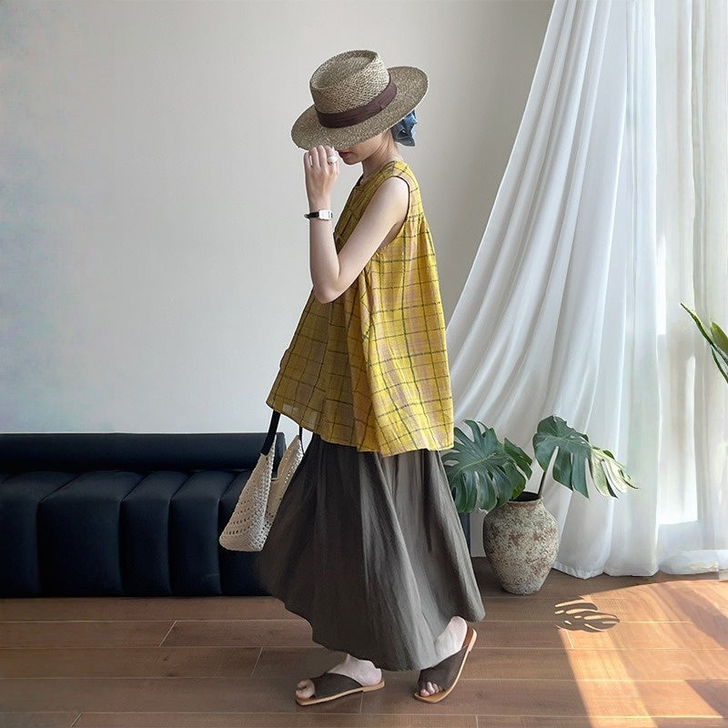 【トップス】夏 バイカラー チェック柄 ベビードールトップス ブラウス 【JZシリーズ】