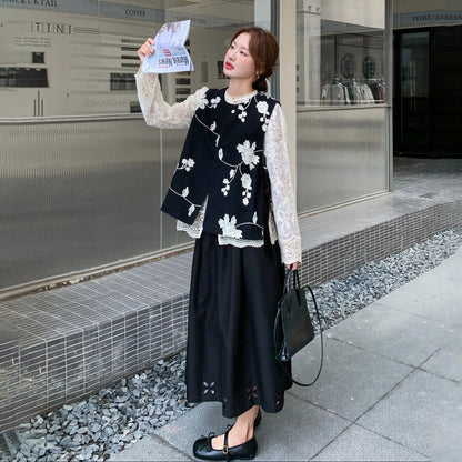 2点セット！【セットアップ】韓国風 ブラック刺繍 ベスト+スカート 上下セット レディース 大人上品コーデ【SHシリーズ】