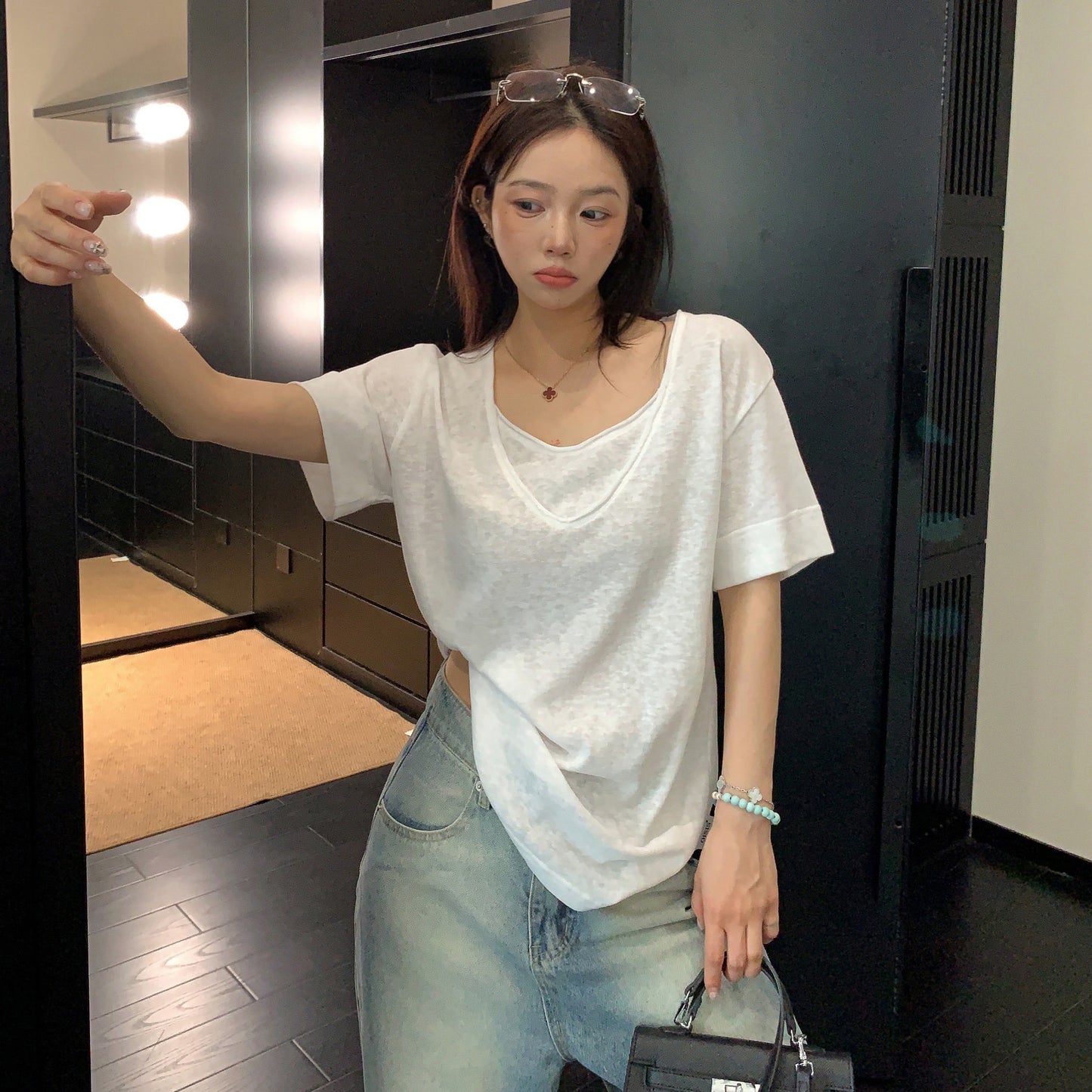 【トップス】ダブルVネック 半袖Tシャツ レディース ミニマル 上品見え ショート丈 きれいめ リラックス感【FCシリーズ】