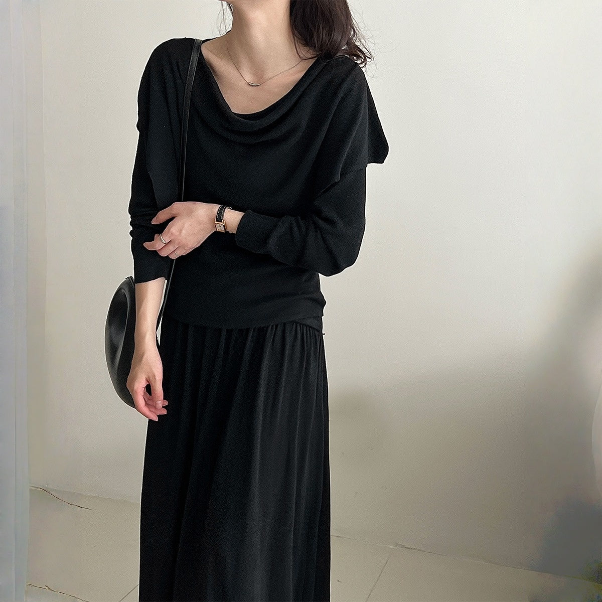 【ワンピース】春 秋 冬 スリムフィット ドレープネック ニット + ショール 2点セットアップ 【JZシリーズ】