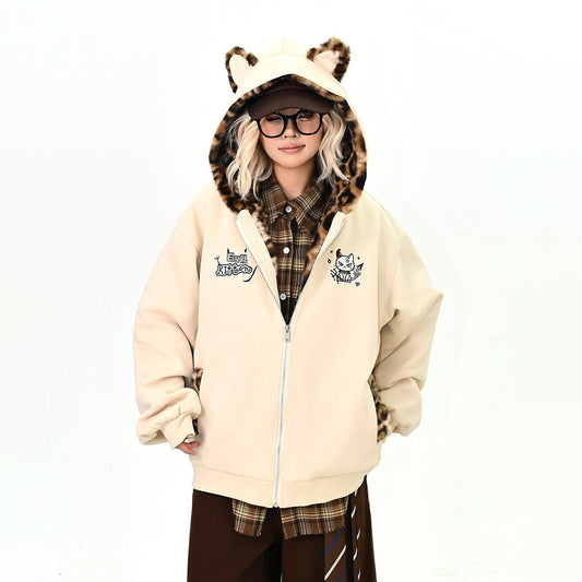 【アウター】レオパード 猫耳 フード付き 綿入れコート 冬 ゆったりBF風 アメカジ 学院風 カップルペア【FCシリーズ】