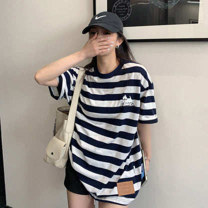 【トップス】ストライプ Tシャツ レディース 夏 半袖 カートゥーン ゆったり オーバーサイズ クルーネック 人気 リラックスコーデ【FCシリーズ】