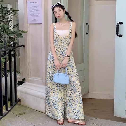 【ボトムス】ゆったりシルエット レトロ 小花柄 ドレープ感 カジュアルオールインワン【SHシリーズ】