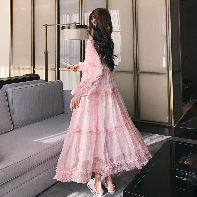 【ワンピース】フレンチ 花柄 長袖ワンピース｜上品 ティアード ロング丈｜ロマンチック ゆるシルエット 体型カバー 映えドレス【SHシリーズ】