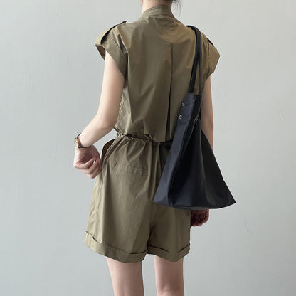 【ボトムス】ハイウエスト 夏 ワーク風 オールインワン  スタンドカラー フリルスリーブ シャツ風 ショート丈ジャンプスーツ【JZシリーズ】